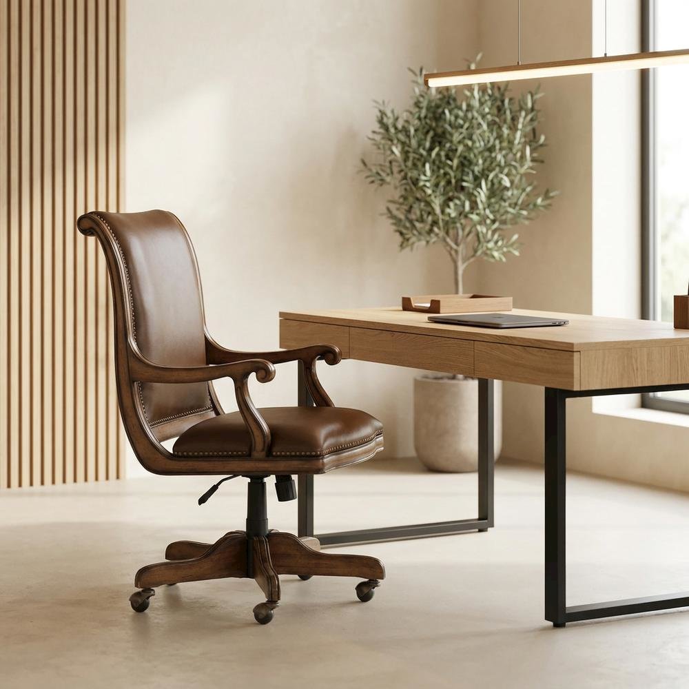 Split Grain Leather High-Back Office Chair with Fixed Arms, Wood Bankers, Brown. Picture 3