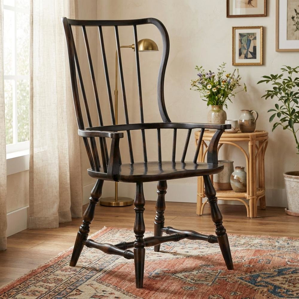 Wood-Frame Spindle Arm Chair for Kitchen and Dining Room, Black. Picture 3