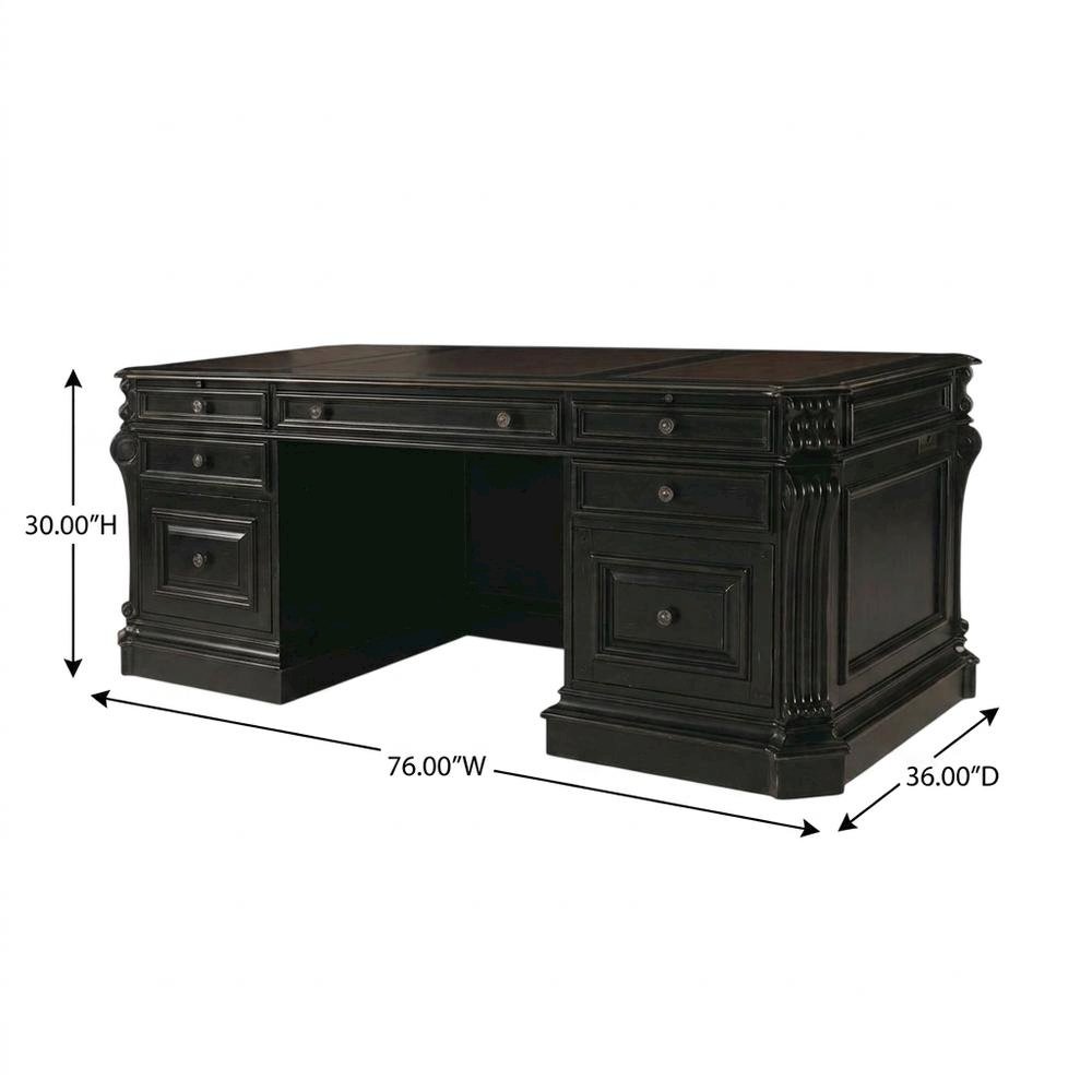 Cherry Veneer Executive Desk, Leather Panels and Nailhead Trim, Black. Picture 5