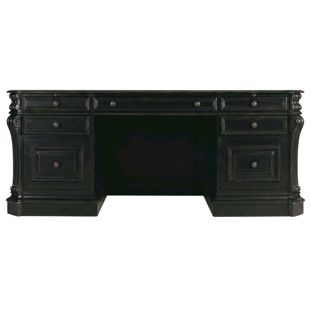Cherry Veneer Executive Desk, Leather Panels and Nailhead Trim, Black. Picture 1