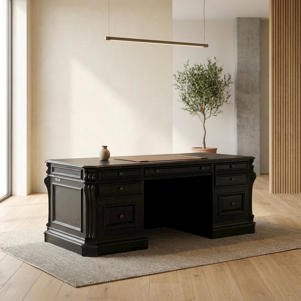 Cherry Veneer Executive Desk, Leather Panels and Nailhead Trim, Black. Picture 2