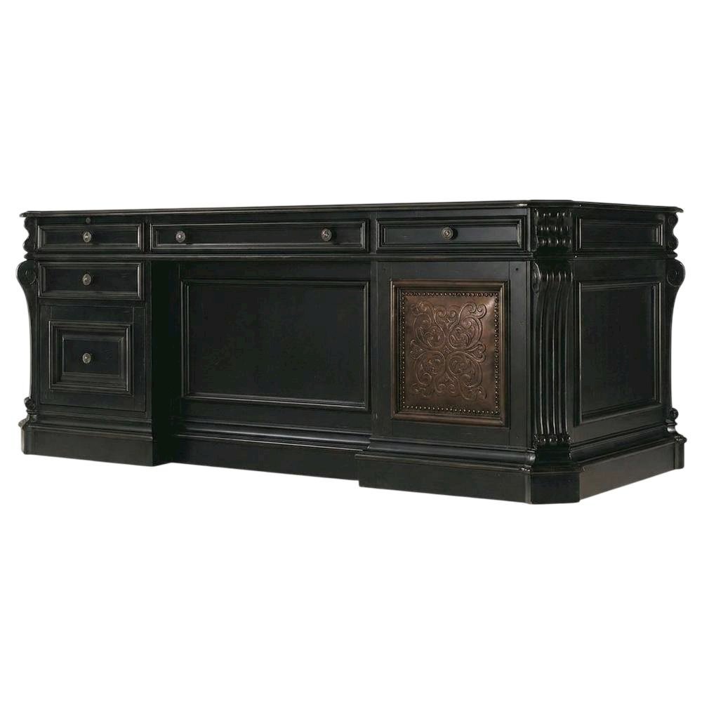 Cherry Veneer Executive Desk, Leather Panels and Nailhead Trim, Black. Picture 4