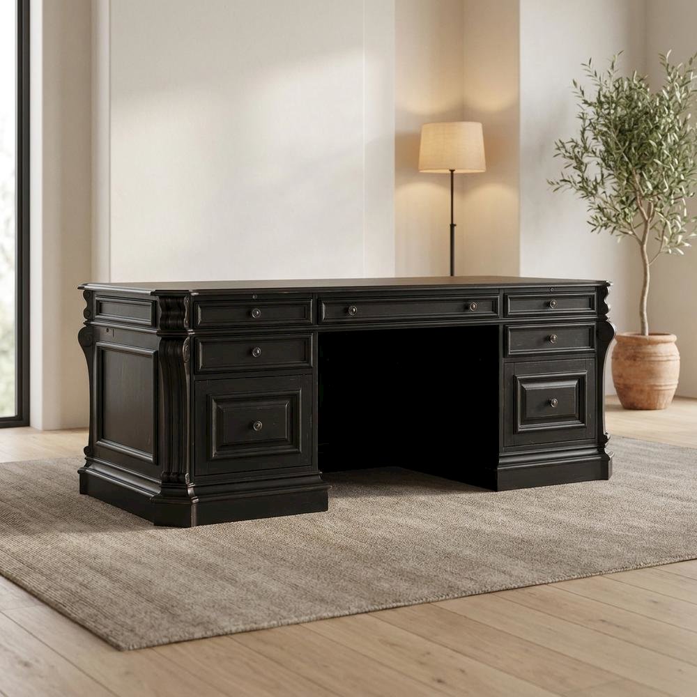 Cherry Veneer Executive Desk, Leather Panels and Nailhead Trim, Black. Picture 3
