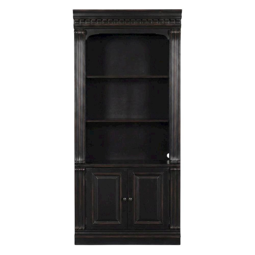 Cherry Veneer Tall Bookcase with Open Shelves, Black. Picture 1