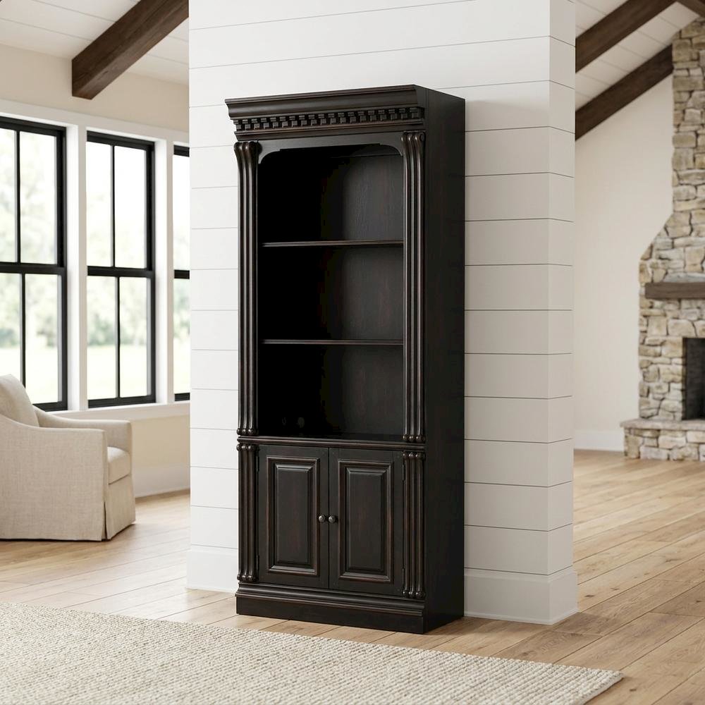 Cherry Veneer Tall Bookcase with Open Shelves, Black. Picture 2
