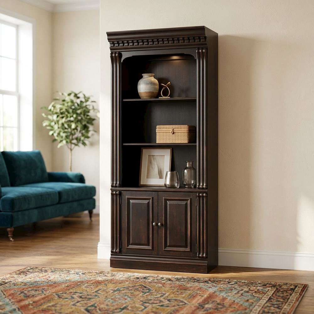 Cherry Veneer Tall Bookcase with Open Shelves, Black. Picture 3