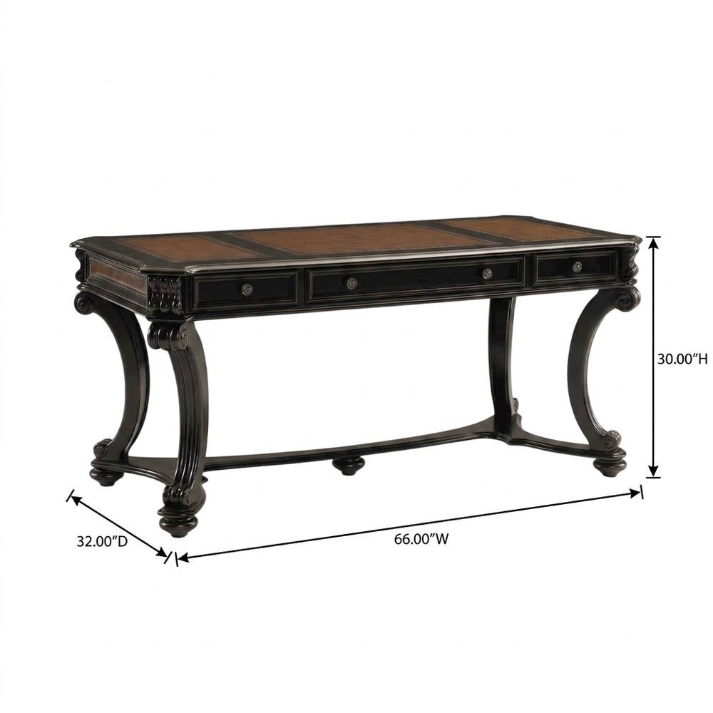 Cherry Veneer Writing Desk with Nailhead Trim and Drawers for Home Office, Black. Picture 5