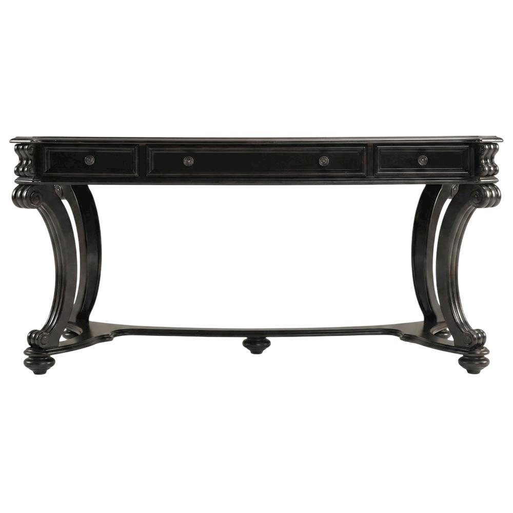 Cherry Veneer Writing Desk with Nailhead Trim and Drawers for Home Office, Black. Picture 1