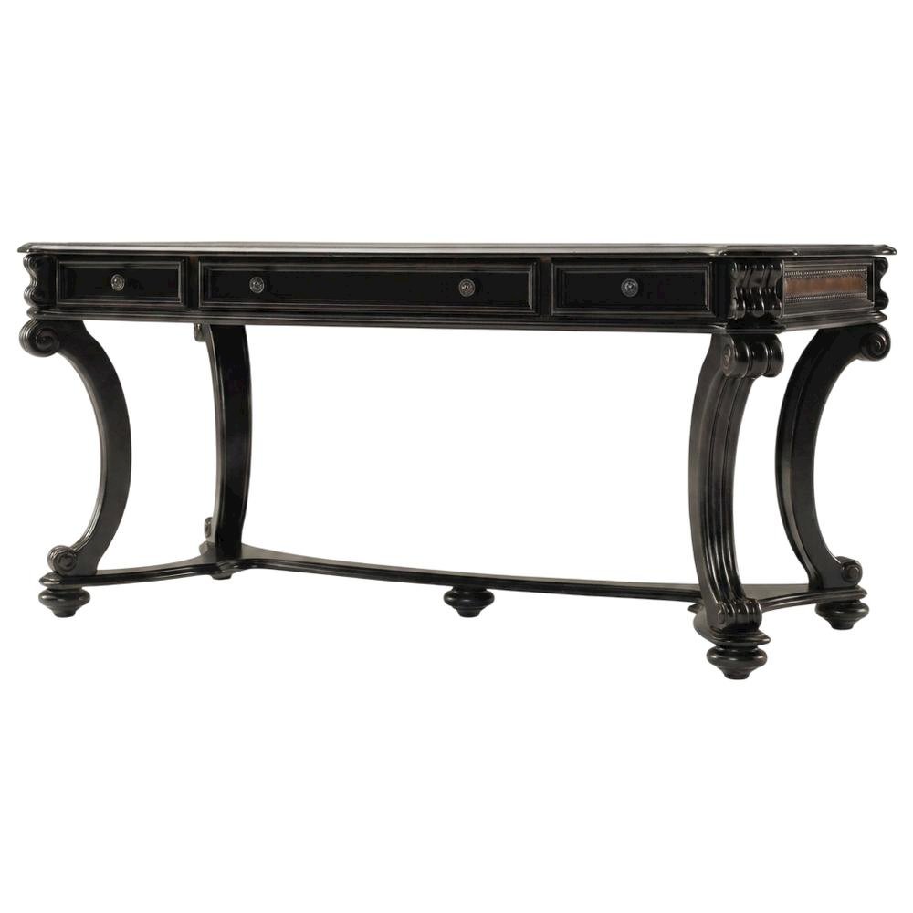Cherry Veneer Writing Desk with Nailhead Trim and Drawers for Home Office, Black. Picture 4