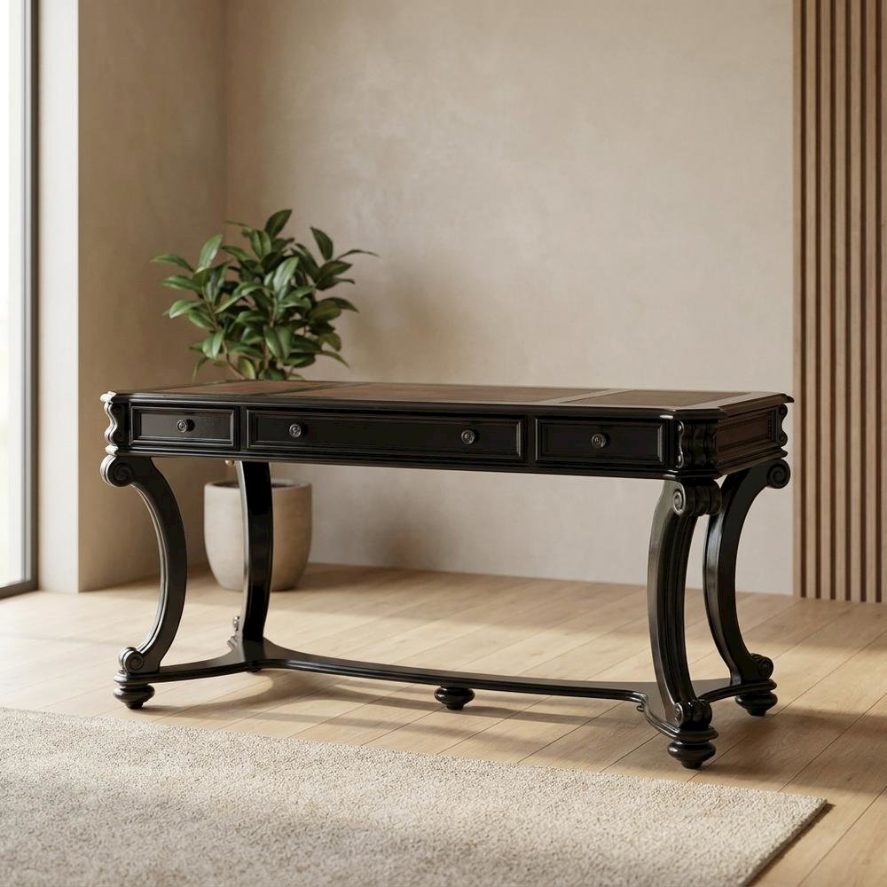 Cherry Veneer Writing Desk with Nailhead Trim and Drawers for Home Office, Black. Picture 2