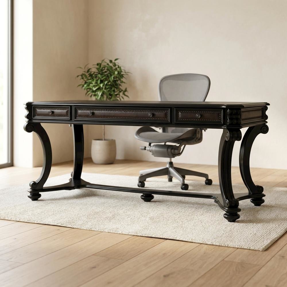 Cherry Veneer Writing Desk with Nailhead Trim and Drawers for Home Office, Black. Picture 3