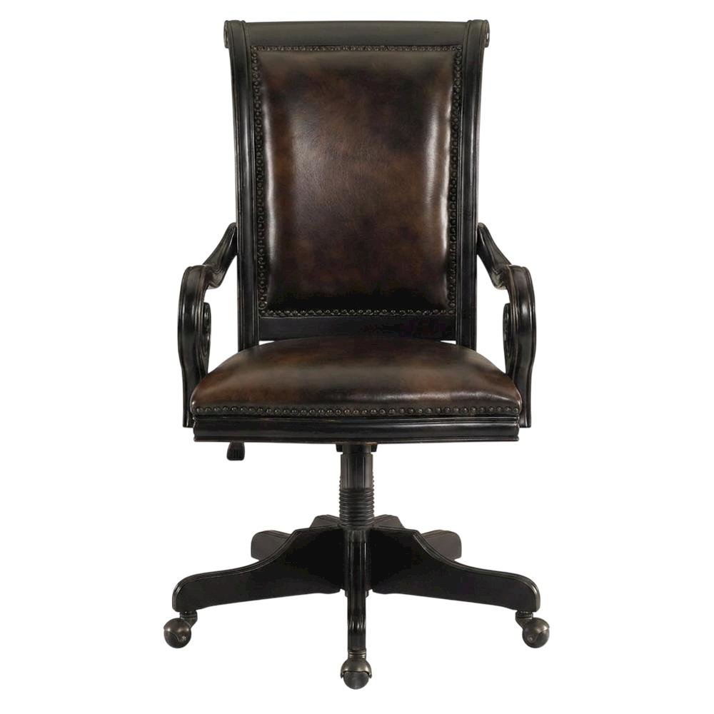 Leather High-Back Executive Office Chair with Nailhead Trim and Swivel, Black. Picture 1
