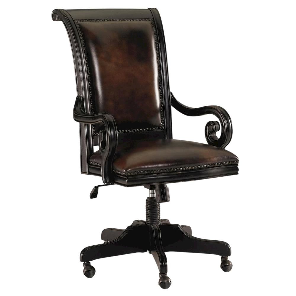 Leather High-Back Executive Office Chair with Nailhead Trim and Swivel, Black. Picture 4