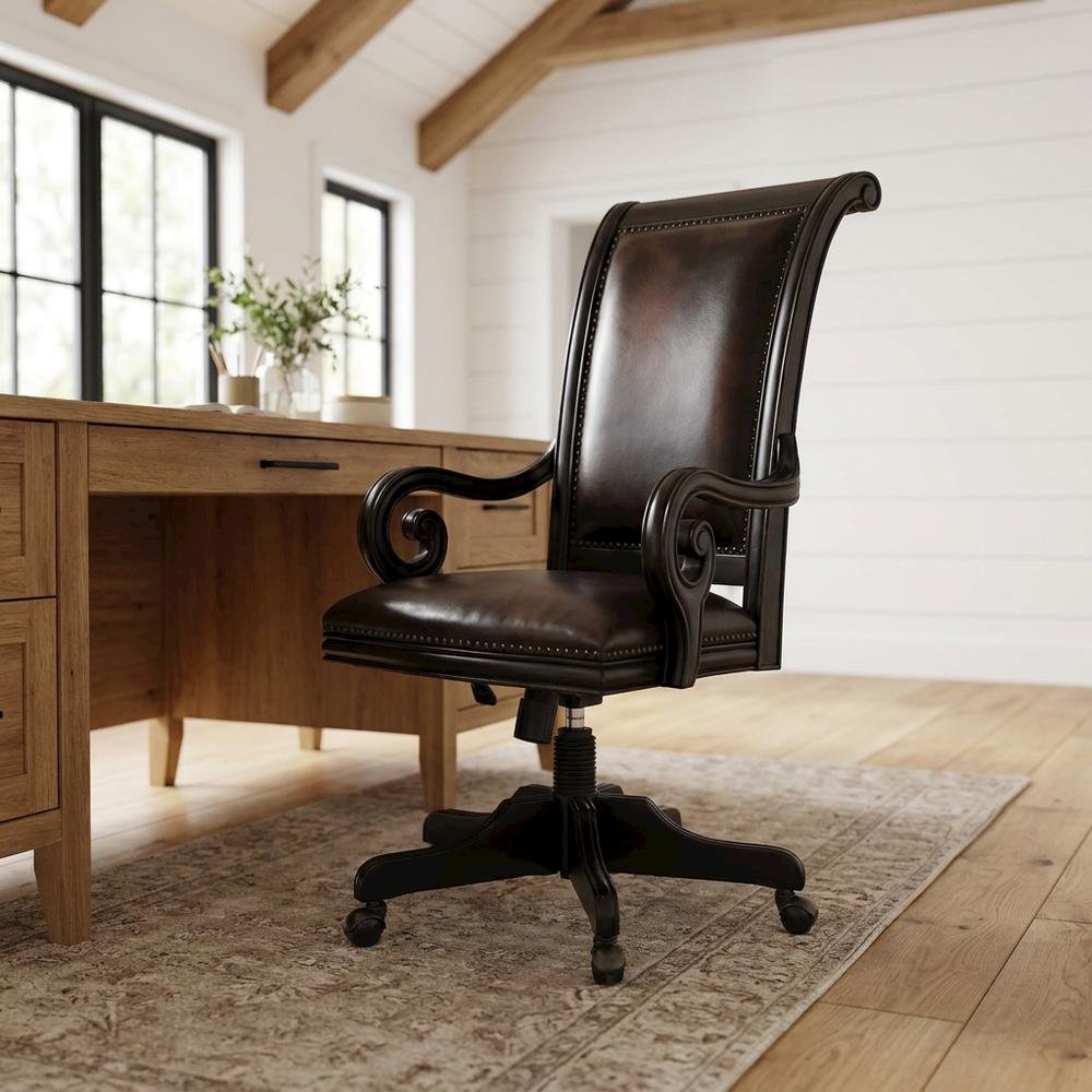 Leather High-Back Executive Office Chair with Nailhead Trim and Swivel, Black. Picture 2