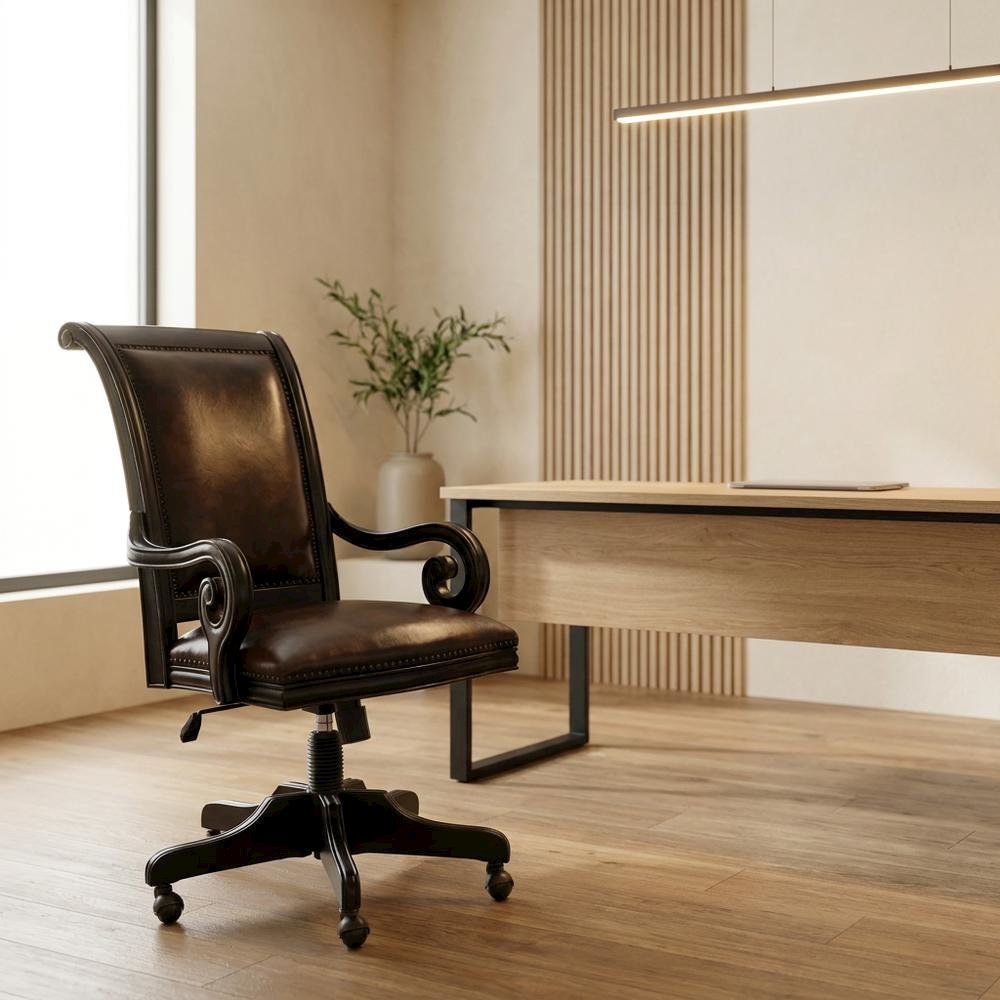 Leather High-Back Executive Office Chair with Nailhead Trim and Swivel, Black. Picture 3
