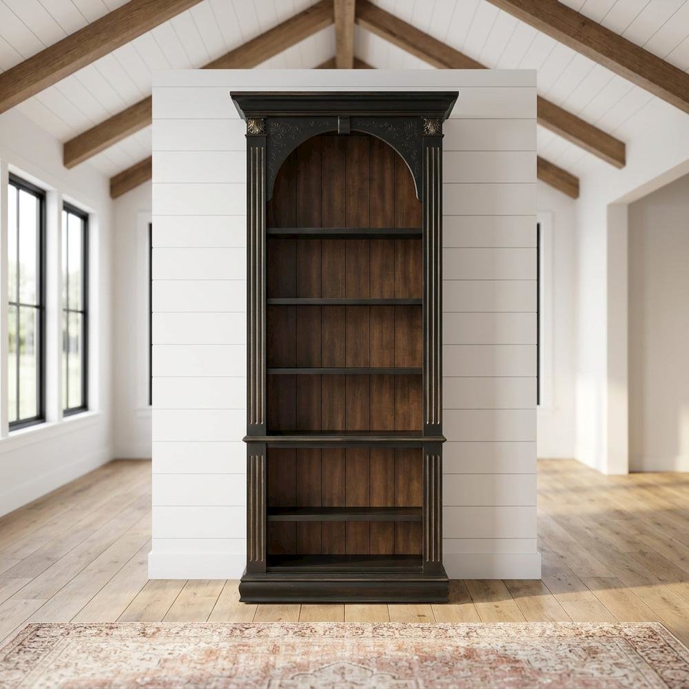 Wood Veneer Tall Bookcase with Display Shelves for Office and Living Room, Black. Picture 2