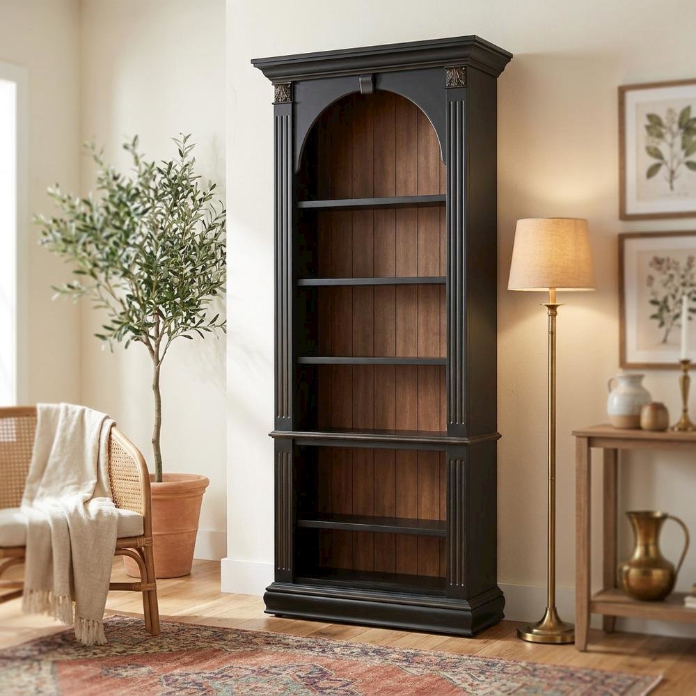 Wood Veneer Tall Bookcase with Display Shelves for Office and Living Room, Black. Picture 3