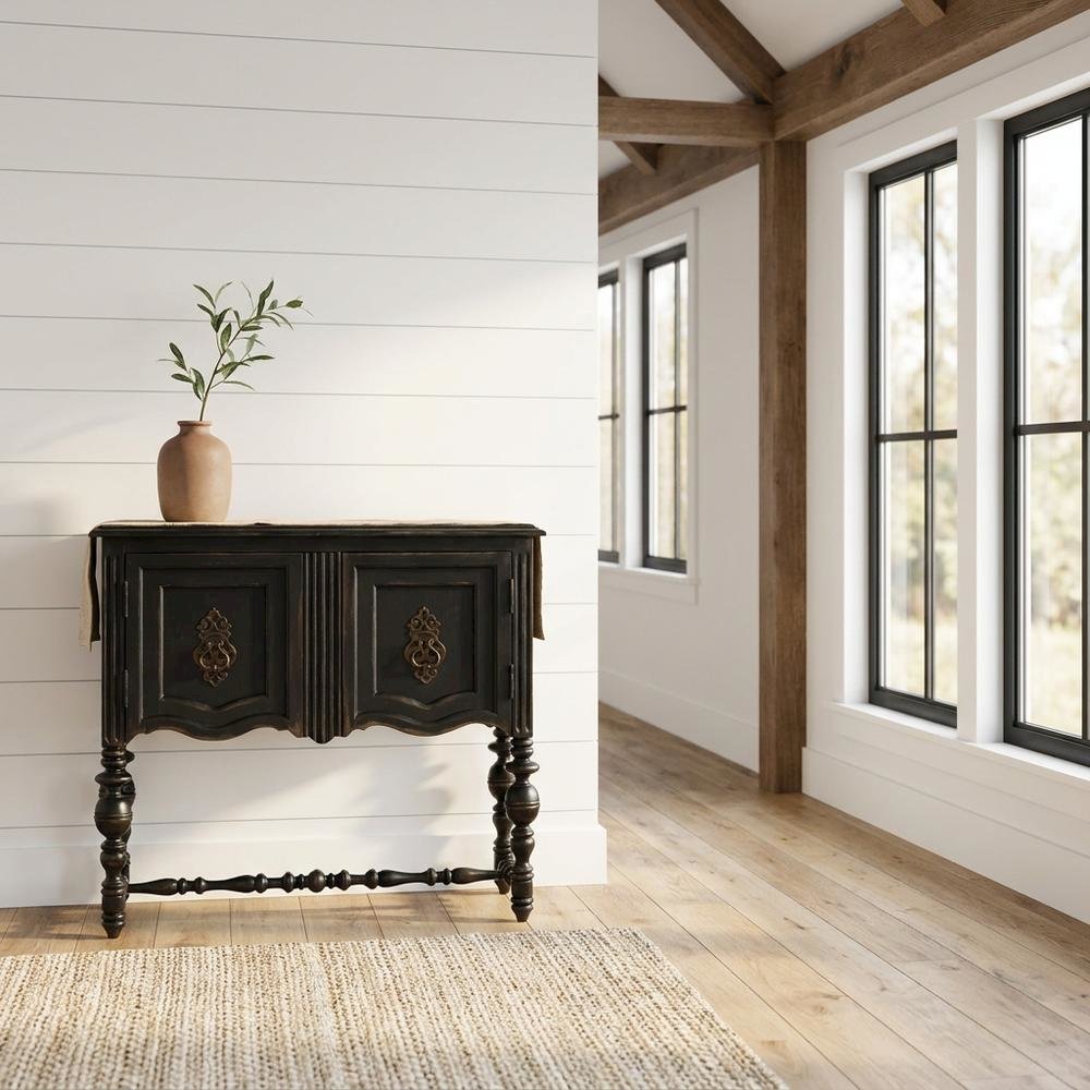Birch Veneer Storage Chest with Distressed-Finish Detail for Entryway, Black. Picture 2