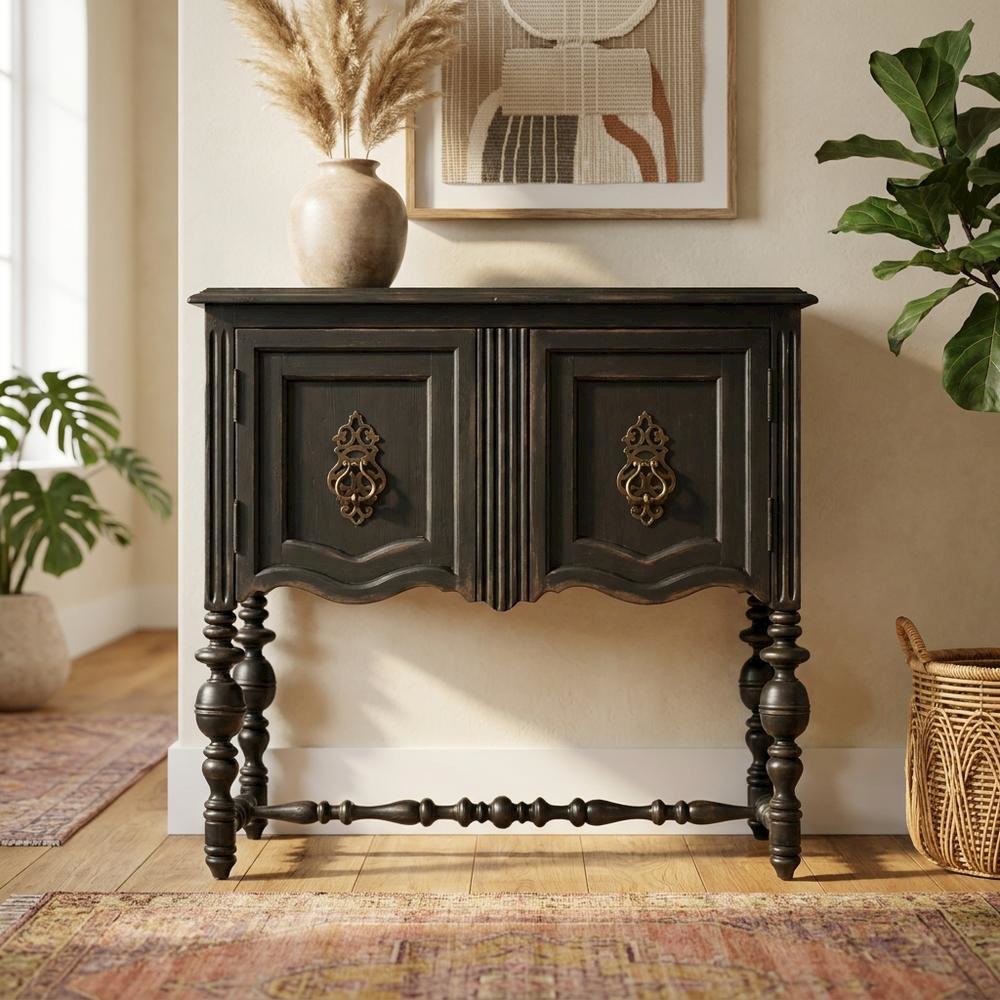Birch Veneer Storage Chest with Distressed-Finish Detail for Entryway, Black. Picture 3