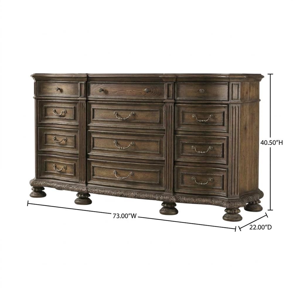 Pecan Veneer Wide Dresser, Traditional Rustic Finish with Storage, Brown. Picture 5