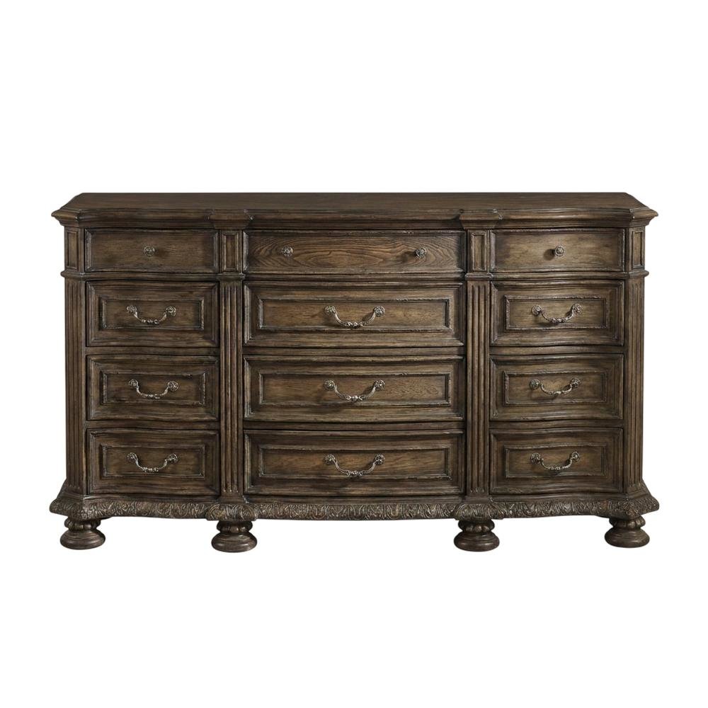 Pecan Veneer Wide Dresser, Traditional Rustic Finish with Storage, Brown. Picture 1