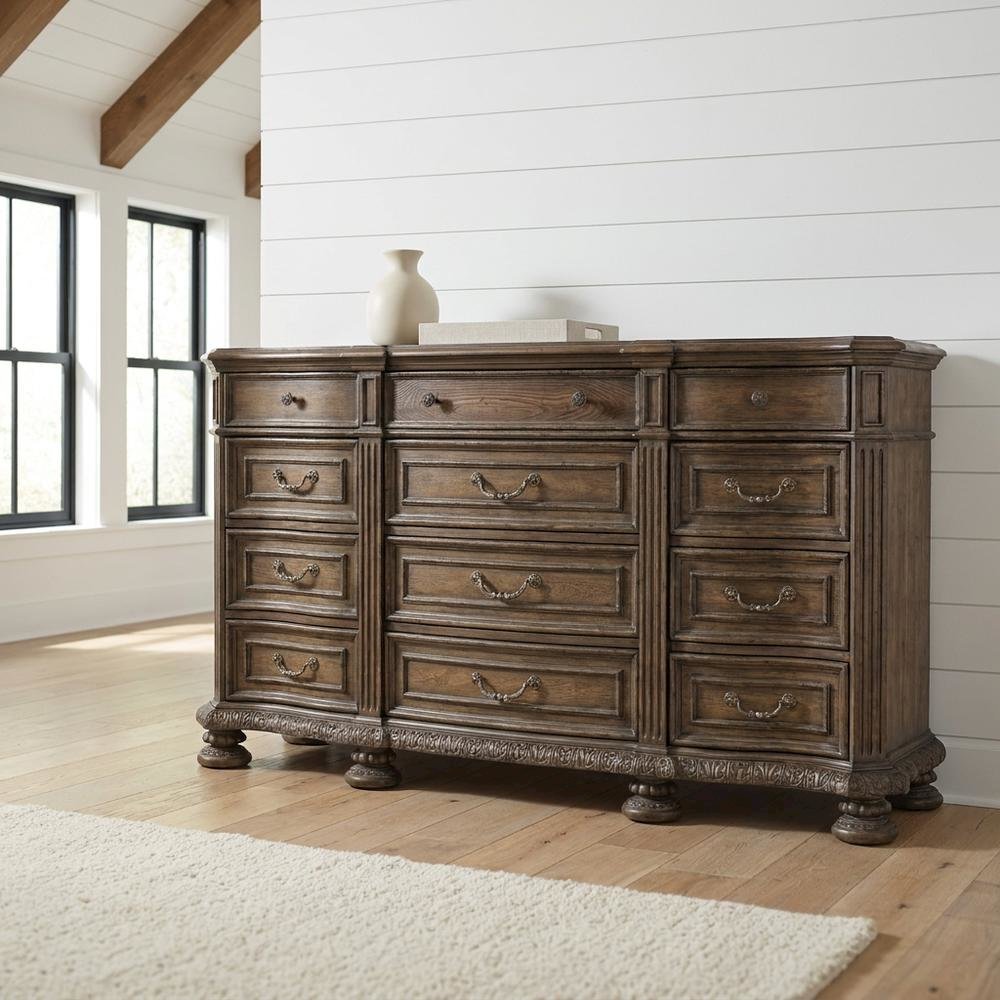 Pecan Veneer Wide Dresser, Traditional Rustic Finish with Storage, Brown. Picture 2
