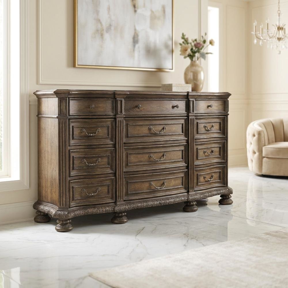 Pecan Veneer Wide Dresser, Traditional Rustic Finish with Storage, Brown. Picture 3