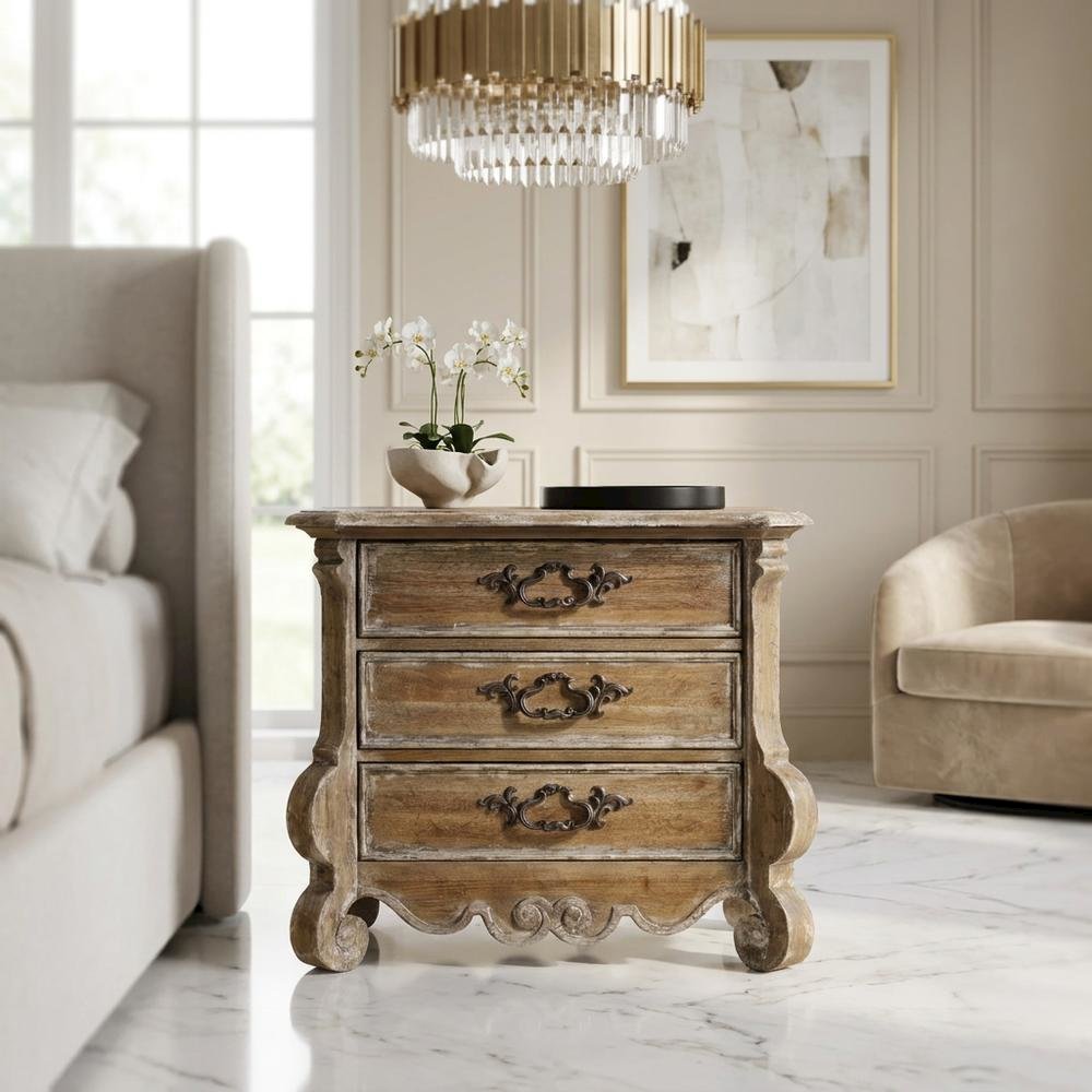 Pecan Veneer Nightstand with Drawers and Antique Mirror with Storage, Brown. Picture 3