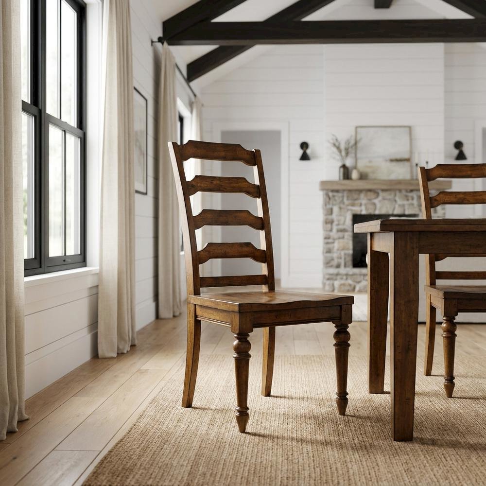 Alder Veneer Ladderback Wooden Dining Chair with Distressed Finish, Brown. Picture 2