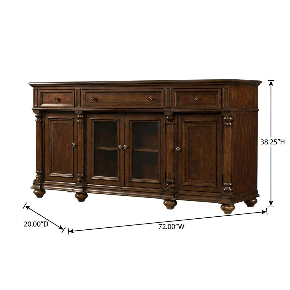 Mahogany Veneer Buffet with Distressed Cathedral Swirl Finish, Drawers, Brown. Picture 5