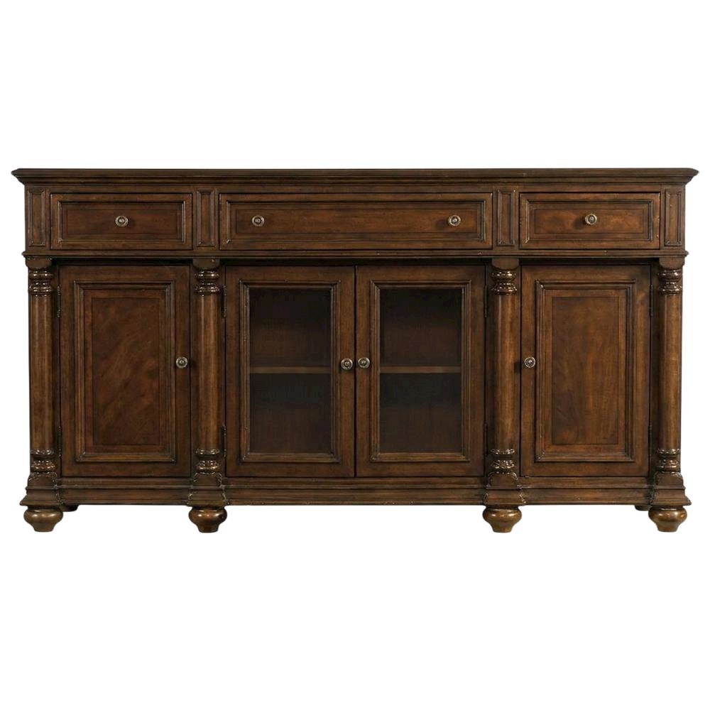 Mahogany Veneer Buffet with Distressed Cathedral Swirl Finish, Drawers, Brown. Picture 1