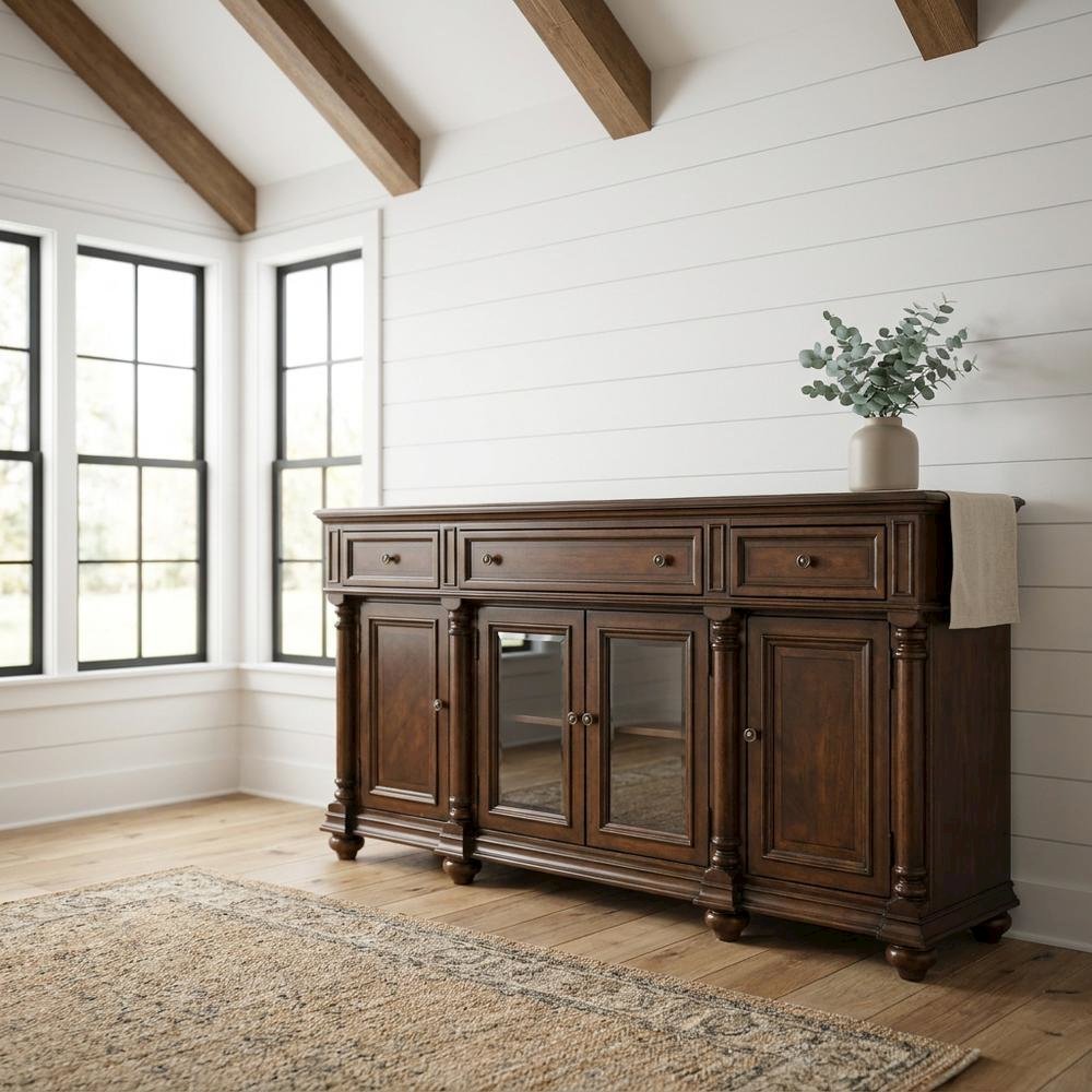 Mahogany Veneer Buffet with Distressed Cathedral Swirl Finish, Drawers, Brown. Picture 2