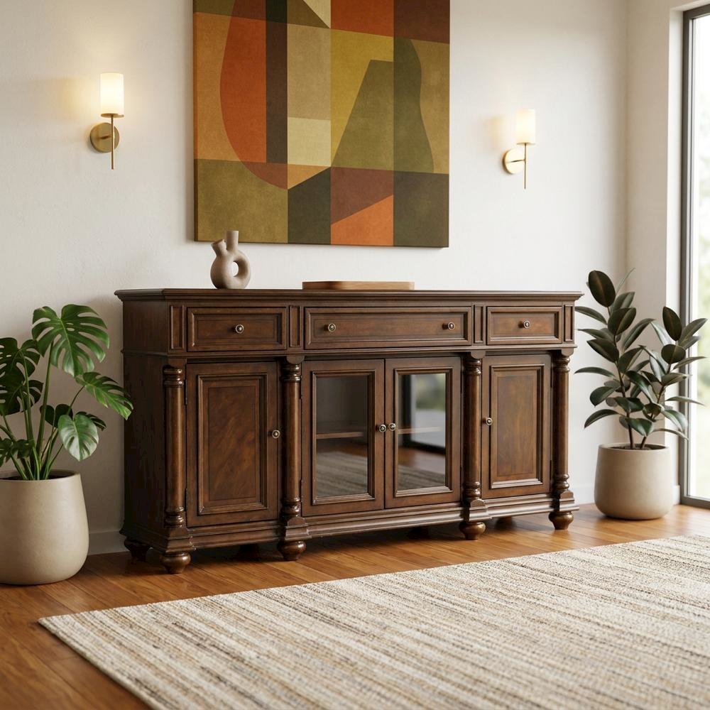 Mahogany Veneer Buffet with Distressed Cathedral Swirl Finish, Drawers, Brown. Picture 3