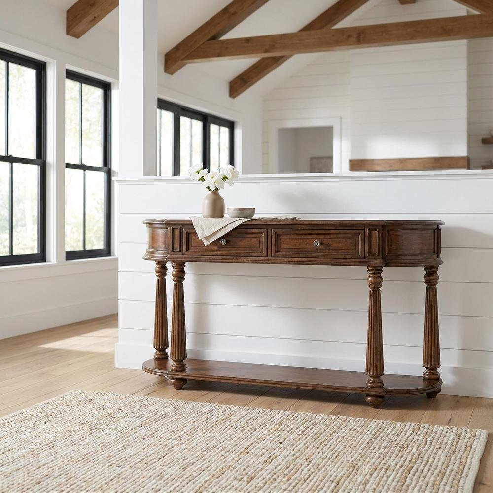 Mahogany Veneer Console Table with Drawers, Demilune Entryway Table, Brown. Picture 2
