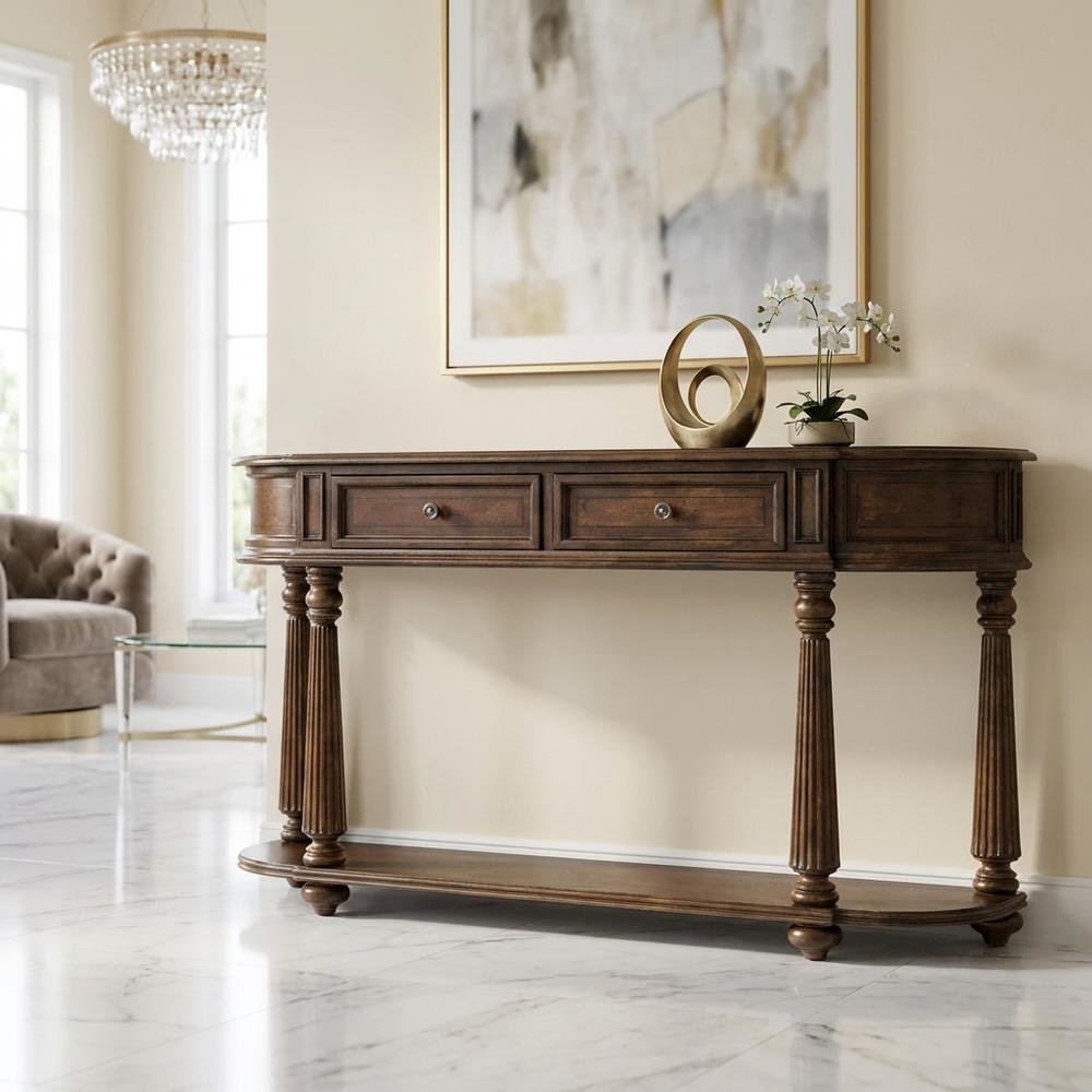 Mahogany Veneer Console Table with Drawers, Demilune Entryway Table, Brown. Picture 3
