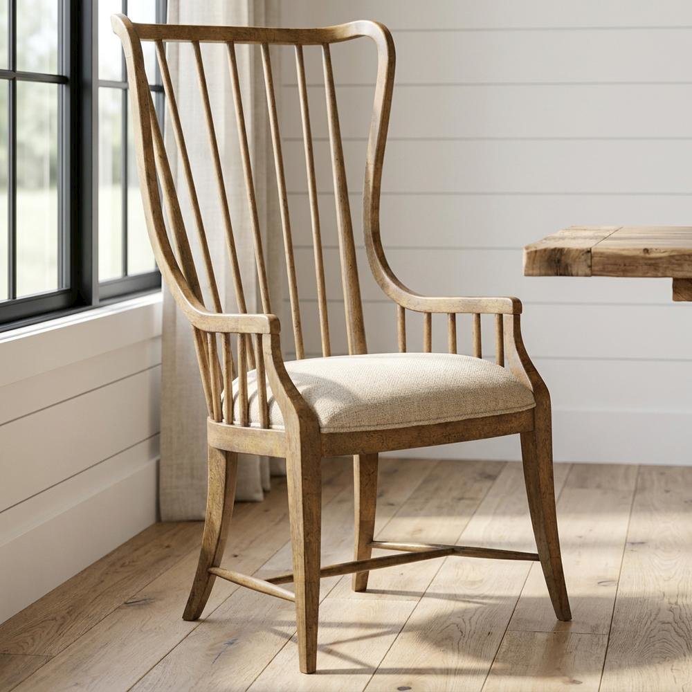 Fabric-Upholstered Dining Chair with Tall Spindle Arms and Wood Frames, Brown. Picture 2