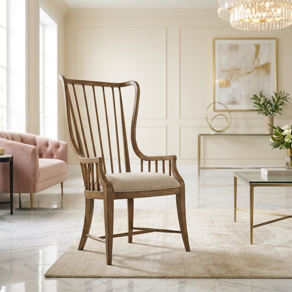 Fabric-Upholstered Dining Chair with Tall Spindle Arms and Wood Frames, Brown. Picture 3