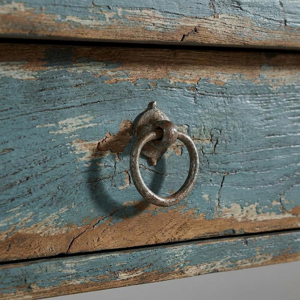 Pecky Pecan Veneer Entryway Console Table with Four Drawers with Storage, Blue. Picture 6
