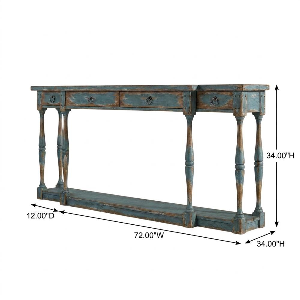 Pecky Pecan Veneer Entryway Console Table with Four Drawers with Storage, Blue. Picture 5