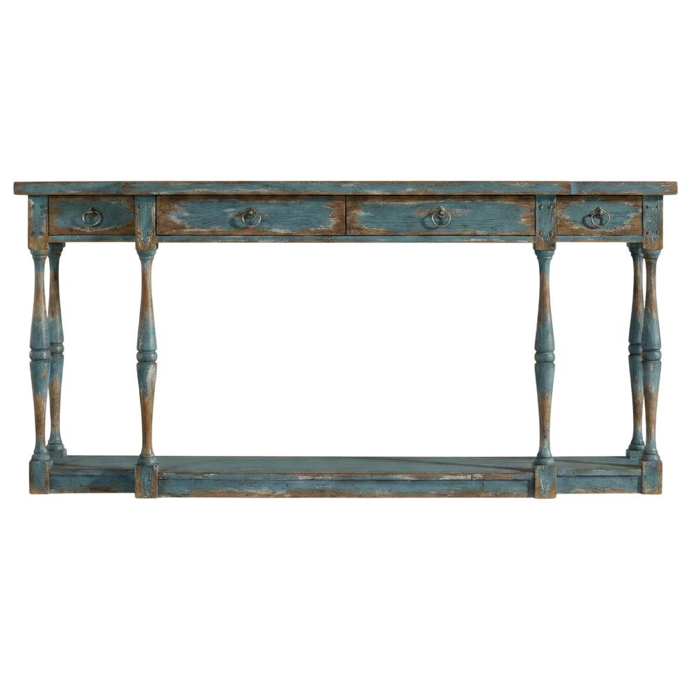 Pecky Pecan Veneer Entryway Console Table with Four Drawers with Storage, Blue. Picture 1