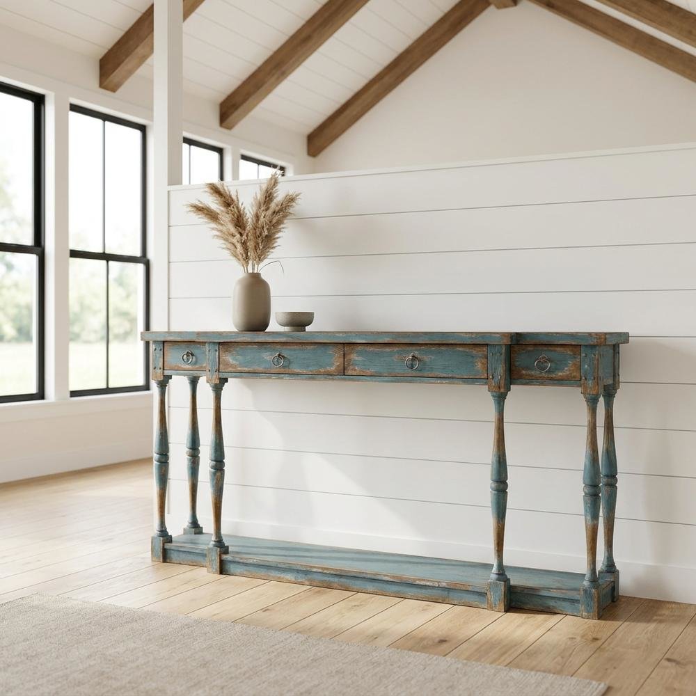 Pecky Pecan Veneer Entryway Console Table with Four Drawers with Storage, Blue. Picture 2