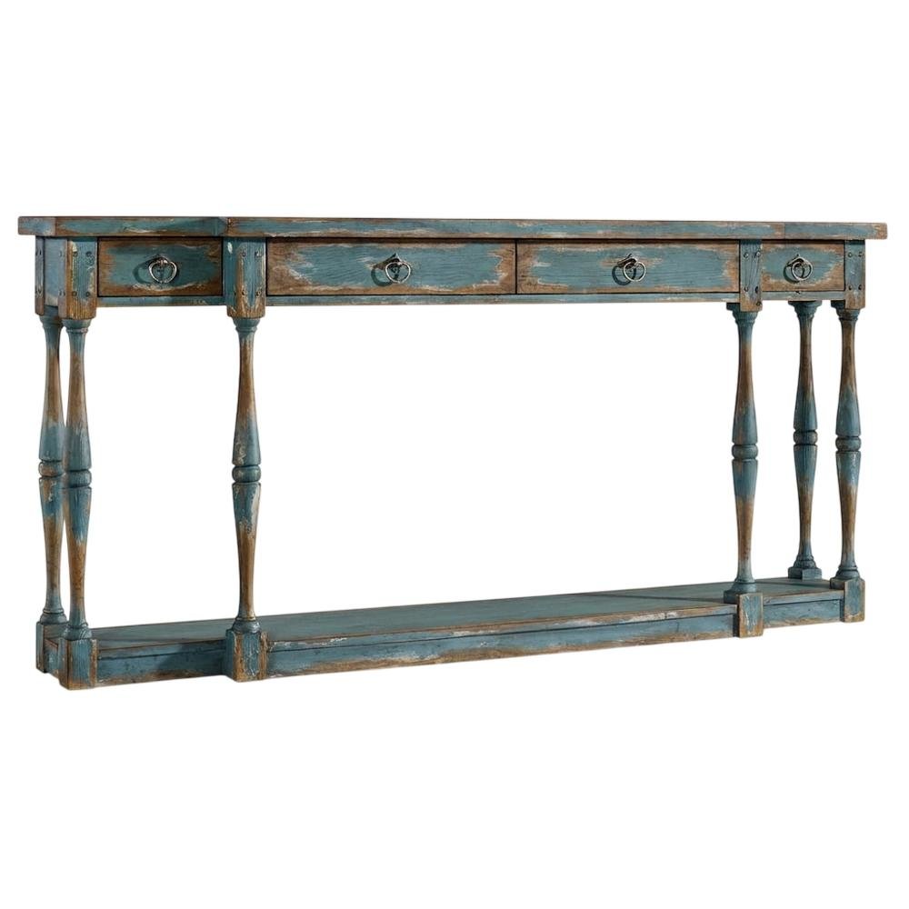 Pecky Pecan Veneer Entryway Console Table with Four Drawers with Storage, Blue. Picture 4