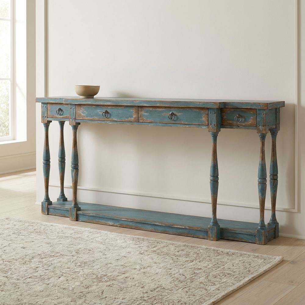 Pecky Pecan Veneer Entryway Console Table with Four Drawers with Storage, Blue. Picture 3