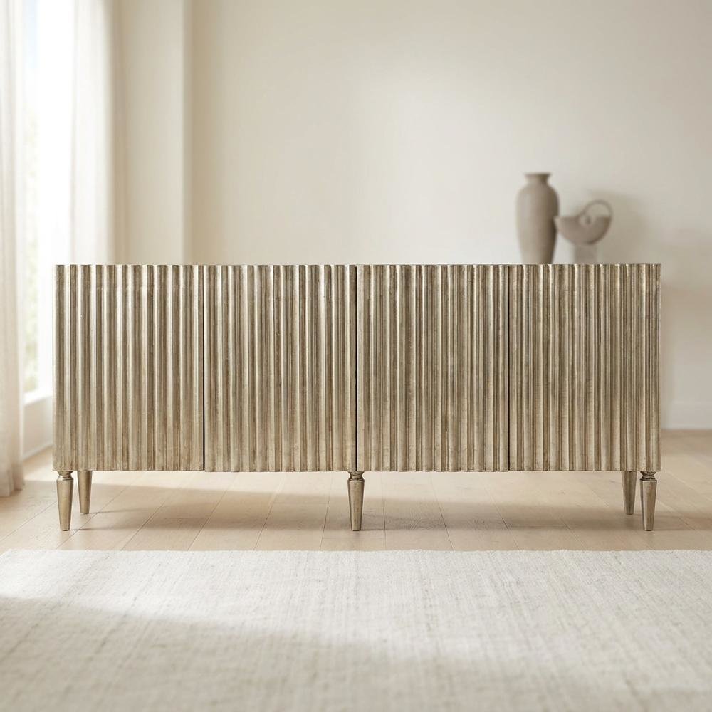 Mango Wood Entertainment Center with German Foil Finish, Silver. Picture 3