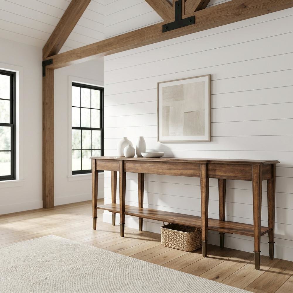 Acacia Wood Skinny Console Table with Drawers for Entryway with Storage, Brown. Picture 2