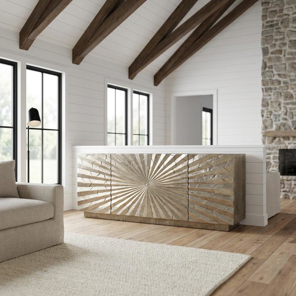 Solid Mango Wood TV Stand Entertainment Center with Storage, Silver. Picture 2