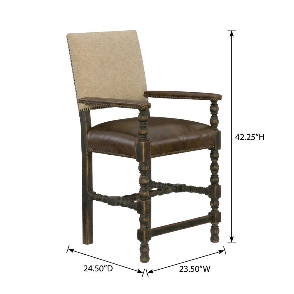 Fabric Counter Stool with Fixed Arms and Distressed Wood Frame, Brown. Picture 5