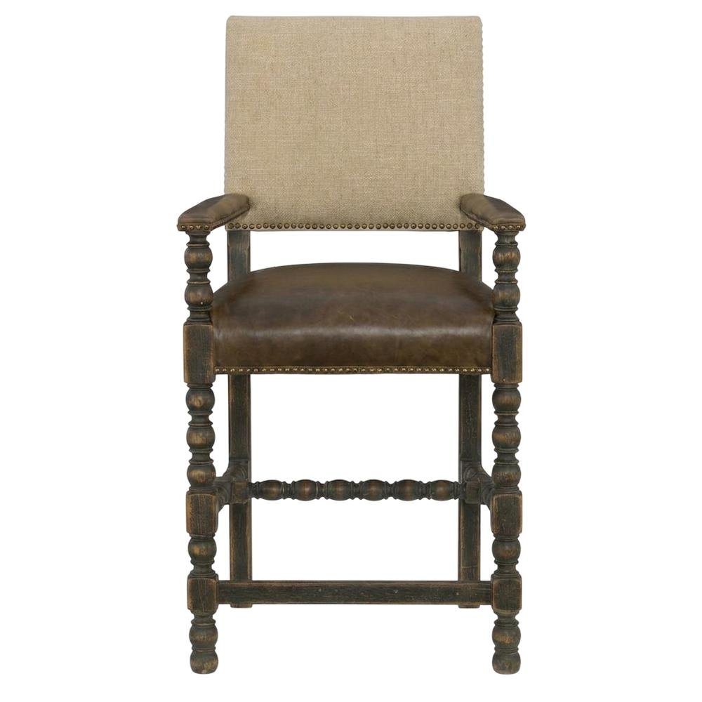 Fabric Counter Stool with Fixed Arms and Distressed Wood Frame, Brown. Picture 1