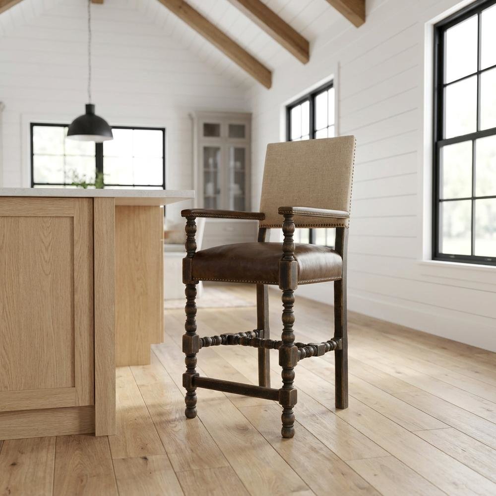 Fabric Counter Stool with Fixed Arms and Distressed Wood Frame, Brown. Picture 2