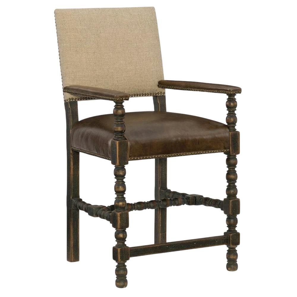 Fabric Counter Stool with Fixed Arms and Distressed Wood Frame, Brown. Picture 4